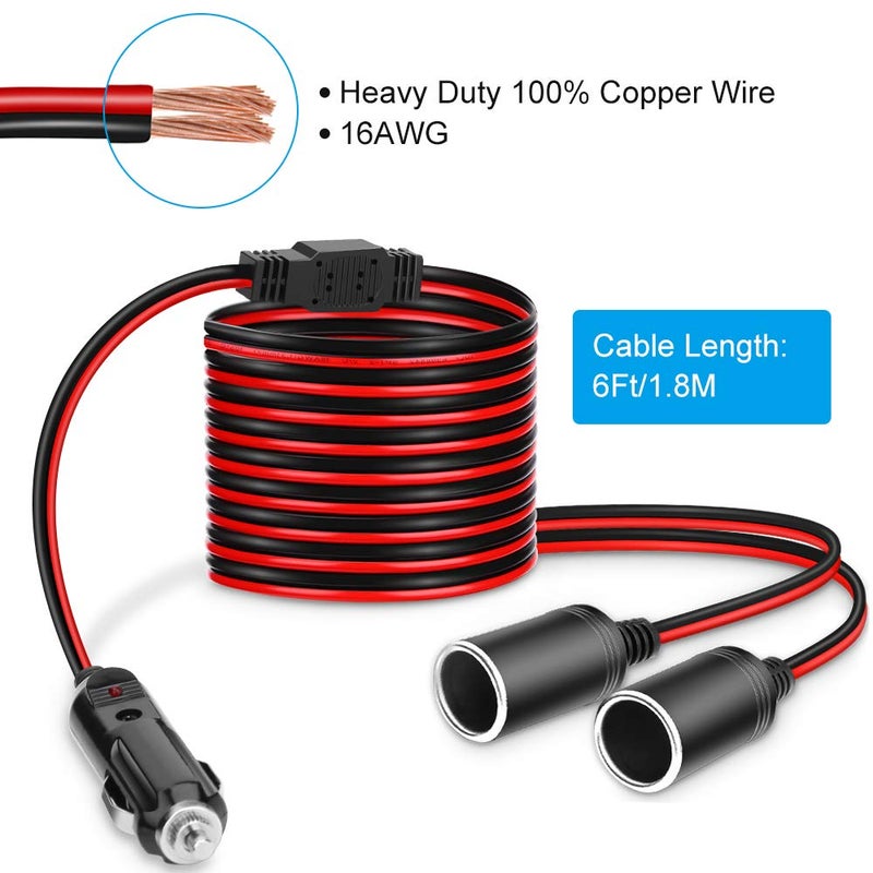 ELECTOP 1 to 2 Car Cigarette Lighter Splitter Adapter Power Charger Port, 6Ft Cigarette Lighter Extension Cord Cable 16AWG UL Wire, 12V 24V Plug Socket 2-Way Splitter Y Adapter with 15A Fuse - Image 3